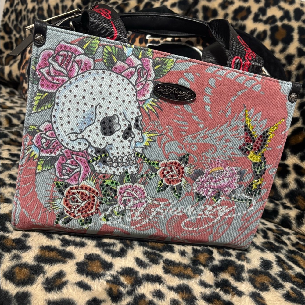 Ed Hardy Pink and Gray Skull Floral Shoulder Bag
